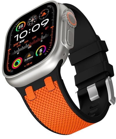 RoYiio Silicone Bracelet pour Apple Watch Ultra 3/2 49mm, SE 3/2 44mm Bracelet Sport pour Apple Watch Series 11/10 46mm, Series 9/8/7 45mm, Series 6/5/4 44mm, Series 3/2 42mm - Noir/Orange