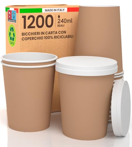1200 Bicchieri Caffè ASPORTO in Carta Avana 240ml + 1200 COPERCHI in Carta Bevande Calde e Fredde Tè Infusi Acqua Cappuccino Ecologici Biodegradabili Tazze Monouso Made in Italy