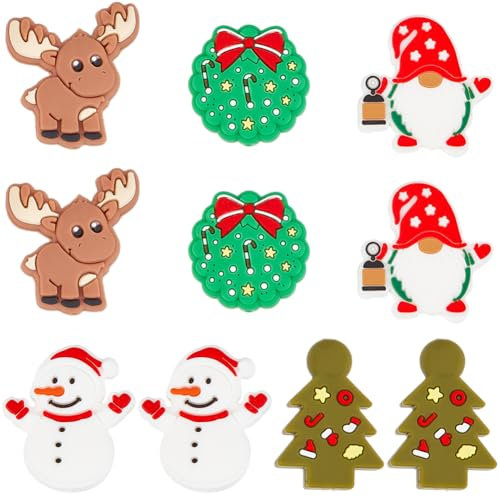 SUNNYCLUE 1 Box 10Pcs 5 Styles Christmas Focal Beads Holiday Silicone Bead Bulk Soft Rubber Winter Characters Xmas Snowman Deer Green Tree Pen Beads for jewellery Making DIY Keychain Necklace Bracelet