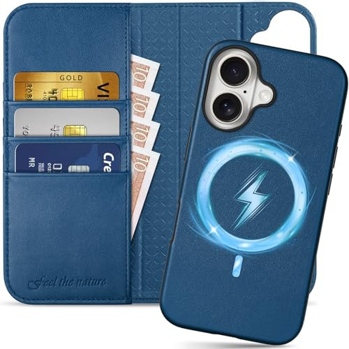 SHIELDON Wallet Case for iPhone 16 6.1, Genuine Leather 2 in 1 Magnetic Detachable Case with Card Slot [RFID Blocking][Kickstand] Shockproof Removable Flip Case Compatible with iPhone 16 - Royal Blue