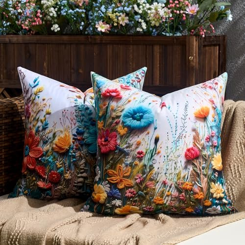 DecorMommt Outdoor Kissenbezug 40x40cm 2er-Set, 3D-Druck Frühling Wildblumen-Pflanzen Farbe Kissenbezüge, Dekorative Quadratische Weich Bauernhaus-Dekor-Kissenhülle für Zuhause Sofa Garten