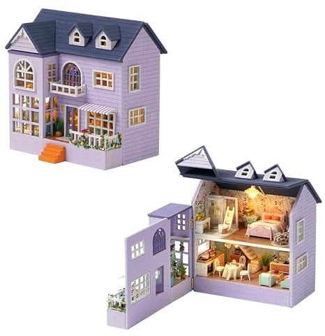 CUTE-Eyfud DIY Miniature Dollhouse Kit for Adults & Teens, 1:24 Scale Wooden Mini House with LED Light Furniture, Creative Desk Decoration Idea, for Women & Girls(Happy House)