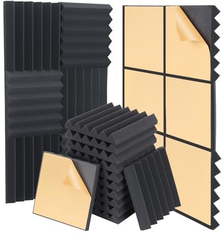 AUSLET 24 Pack Sound Proofing Panels with Self Adhesive 12 x 12 x 2 High Density Wedge Acoustic Wall Panels Sound Absorbing Foam for Recording Studio Home Office