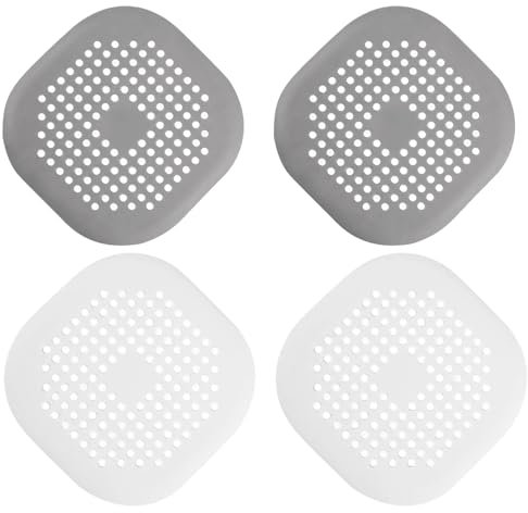 4 Stück 14 x 14cm Quadrat Abflusssieb Silikon,Weich Silikon Abflusssieb mit Saugnapf,Wiederverwendbar Silikon Abflusssieb Dusche,für Küche Waschbecken Badezimmer Badewanne(Weiß,Grau)