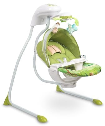 CARETERO - Elektrische Kinderschaukel, Babywippe Bugies, für Kleinkinder, drehbarer Sitz, verstellbare Rückenlehne, integriertes Moskitonetz, einstellbare Wippgeschwindigkeit - Muster mit Waldmotiv