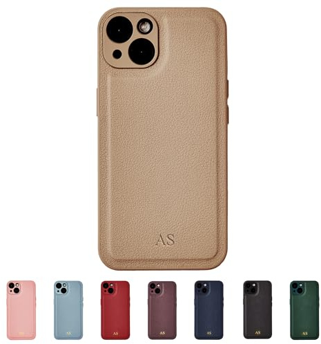 Tirita Personalised Leather Phone Case for iPhone 13 – Leather Beige Case or Cover With Custom Initials – Cute Personalised Gift for Men or Women [14. Beige Embossed (No Gold) Initials]