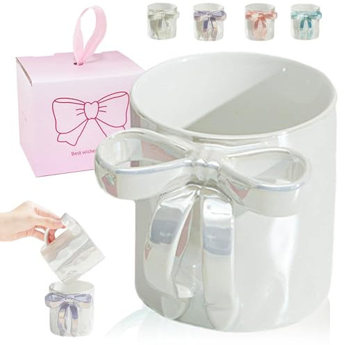 Charming Ribbon Mugs with Bow Handle, 350ml Ceramic Bow Hot Chocolate Mug, 2025 Upgraded Bow Mug for Women Valentine's Christmas Birthday Gifts (White)