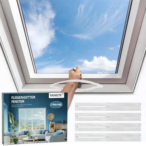 YANGTE Zanzariera per Finestre e Lucernari - 4 Pezzi 150 x 180 cm Bianco - Senza foratura Regolabile e Ritagliabile Con cinta Autoadesiva e cerniera