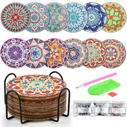 12 Stk Diamond Painting Untersetzer Set mit Halter&Tools,DIY Diamant Art Untersetzer,Diamond Malsets Glasuntersetzer,Mandala Untersetzer zum Basteln Erwachsene Kreativ Set,Diamant Malerei Untersetzer