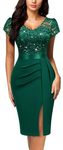 MIUSOL Women's Vintage Floral Lace Sequin V-Neck Split Ruched Business Party Cocktail Formal Wrap Pencil Dress (Small, Dark Green)