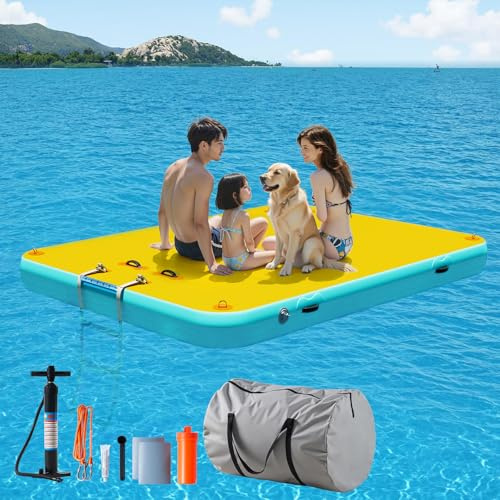 LUXOAK Aufblasbarer Schwimmdock – 250x190 cm mit Tragetasche und Abnehmbarer Leiter, Schwerlast-Wasserplattform mit Rutschfester Oberfläche, Ideal für See, Fluss, Ozean, Gelb