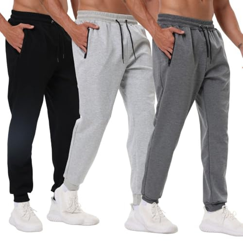 Bsrpolry Sportliche Herren-Sweathose mit Reißverschlusstaschen, Trainingshose für Herren, Laufen, Jogginghose, 3er-Pack, Schwarz/Hellgrau/Dunkelgrau, S