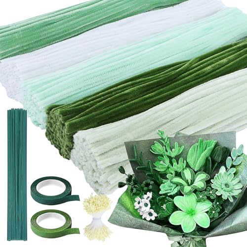 Niuny Pfeifenputzer zum Basteln Blumen 500Stk Pfeifenreiniger Blumen 5 Farben Pfeifenreiniger zum Basteln Pipe Cleaner Pfeifenputzer Grün mit Blumendraht Staubgefäße Klebeband für DIY Blumenstrauß