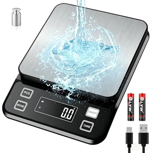 Diyife Báscula Cocina Recargable 0.1g/10kg, Impermeable | 10 Unidades, Función Tara, Acero 304, LCD Pantalla, Portátil, Recargable por USB, para Hornear y Cocinar