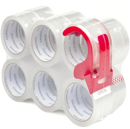 CHUANGSEED 12 Rolls Clear Packaging Tape, 45mic x 48mm x 66m with Dispenser Clear Secure Sticky Box Tape for Moving Boxes,Long Term Storage,Parcels Sealing, Shipping