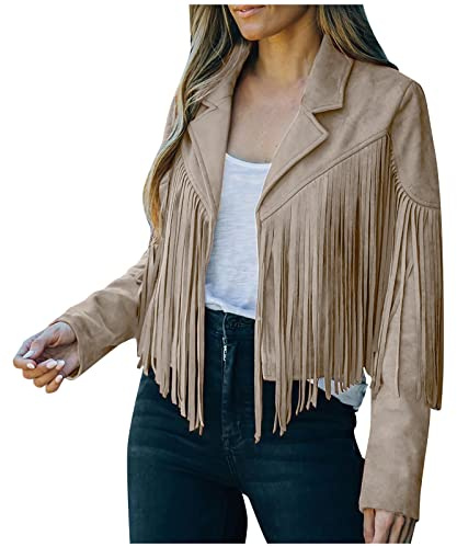 Orange Jeansjacke Damen Kurz Jacke Denim 60er 70er Wildleder Vorne Offen Cardigan Lange Ärmel Umlegekragen Oversize Mit Quaste Jean Herbst Mantel Outwear Schwarz College Party Jacken S M L Xl