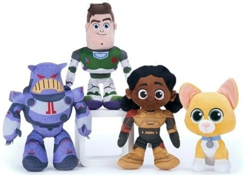 ware-direkt 4er Set Plüschfiguren 25–30 cm – Buzz Lightyear, Imperator Zurg, Sox Roboter-Katze & Alisha Hawthorne – weiche Kuscheltiere zum Spielen, Sammeln & Verschenken