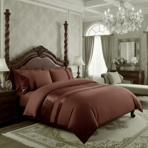 Casabella Luxury Crushed Velvet Panel Band Duvet Cover Sets with Pillow Case Bedding Set – Brown Crush Velvet Double Duvet Set