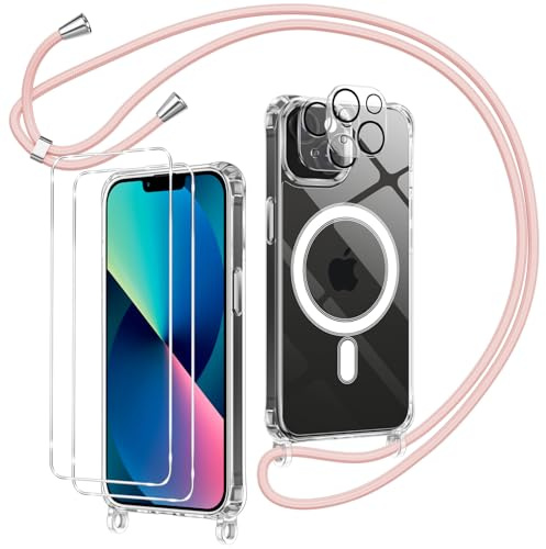 Olgary Funda Magnética para iPhone 13 con Cuerda, 2 Protector Pantalla y 2 Protector Kamera, Carcasa Transparente Suave Silicona Correa Colgante Ajustable Collar Anti-Choques Protección Case, Rosa