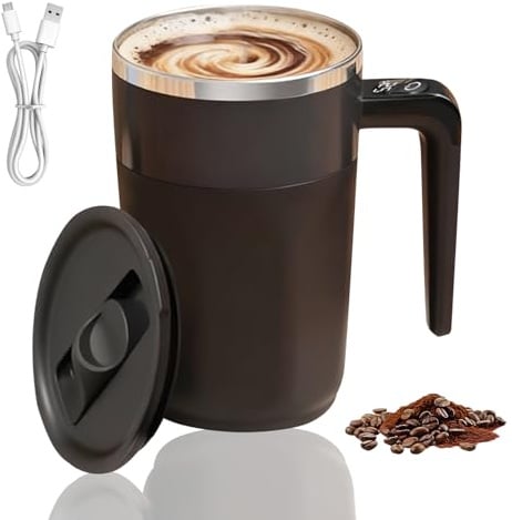 400ml Magnetische Selbstrührende Tasse mit Temperaturanzeige, Wiederaufladbarer Intelligenter Kaffeebecher mit Deckel, Selbstrührender Becher für Kaffee Milch & Getränke (Schwarz)