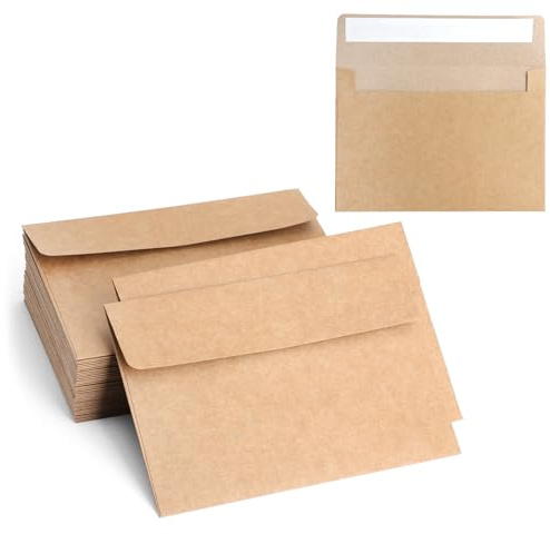 100 Briefumschläge C6, Kraft Dickes Papier 114 x 162 mm, ohne Fenster, braun und umweltfreundlich, haftklebend mit abziehbarem Streifen