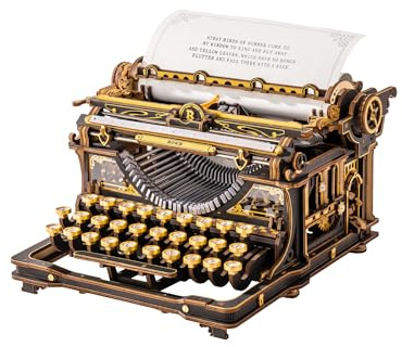 ROKR Schreibmaschine, 3D Holzpuzzle Schwarz-Gold, Mechanik-Bausatz LK703B | Für Erwachsene; Vintage-Holzmodell für Homeoffice-Deko und Retro-DIY-Geschenk für geduldige Bastler; 320 Teile