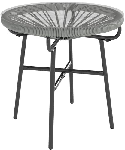 Outsunny Rattan Side Table Round Outdoor Coffee Table PE Rattan Light Grey