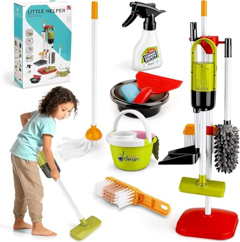 TOSUTO Aspirateur Enfant Qui Aspire Vraiment avec Fonction d'aspiration et sonore,14 Pièces Kit Menage Enfant,kit de Nettoyage,Jouet pour Enfants à partir de 3 Ans (Vert)