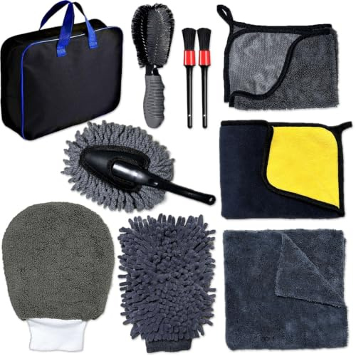 Premium Car Cleaning Kit with Bag - Professional Car Detailing Kit - Includes Wash Mitts & Drying Towel & Wheel Cleaner Brush & More for Rims, Exteriors, Interiors, Vents & Dashboards for A Deep Clean