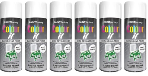 Paint Factory Colour It Quick Drying Plastic Primer Spray, White, Matt Finish, 400ml Pack of 6