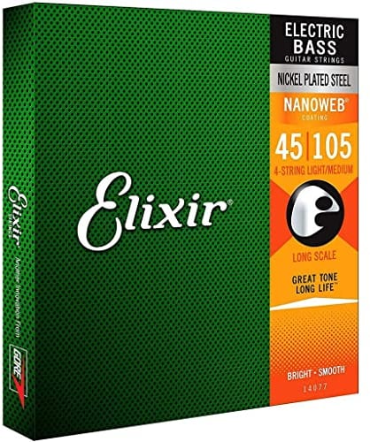 Elixir Cuerdas para bajo de 4 cuerdas Strings de acero niquelado con recubrimiento NANOWEB, escala larga, calibre ligero/mediano, 4 string Light/Medium (45-105)