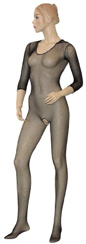 Mandy Mystery Lingerie - verführerischer Netzcatsuit für Frauen, sexy Overall mit offenem Schritt, transparenter Einteiler zur Verführung des Partners, schwarz, Größe: S-L