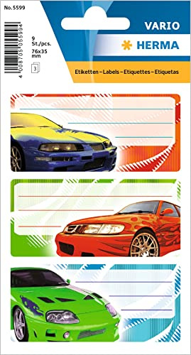 HERMA 5599 Buchetiketten zum Beschriften, Tuning (82 x 55 mm, 9 Namensaufkleber, Papier, matt) selbstklebend, permanent haftende Schuletiketten für Bücher, Hefte, Boxen, Haushalt, bunt