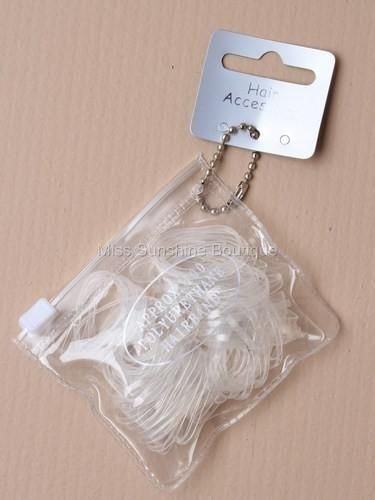 100 Large Clear Polyurethane Mini Elastics Hair Bands in a Zip Purse
