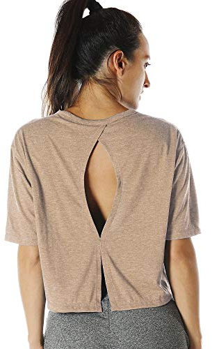 icyzone Sport T-Shirt Damen Fitness Kurzarm Shirt Rückenfrei Yoga Crop Top Oberteile Loose Fit (L, Beige)