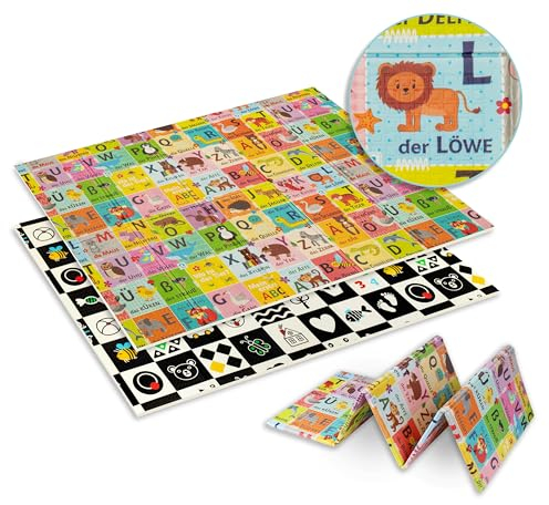 HUMBI Tappetino da gioco per gattonare su entrambi i lati, XXL, pieghevole, antiscivolo, inodore, in schiuma XPE, ABC, animali, in bianco e nero, 120 x 180 cm
