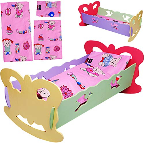 alles-meine.de GmbH Set: große - Puppenwiege aus Holz - mit Bettzeug - 49 cm lang - Wiegenset - Holzwiege aus Buntem Naturholz - Schmetterling Mädchen - Bett - Puppen groß - Matr..