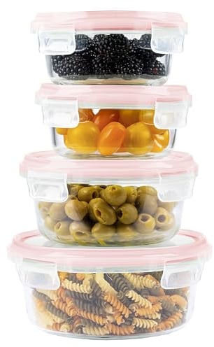 Home Fleek Recipientes de cristal para alimentos Hermeticos Con Tapa - Tapers Para Comida Hermetico, Ahorro De Espacio Recipientes Para Alimentos Para Microondas, Horno Y Congelador (Pack 4, Rojo)