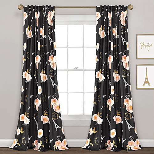 Lush Decor Fenstervorhang, Vintage-Stil, Paris, Rose, Schmetterling, 2-teilig, lang, Polyester, 213,4 x 132,1 cm, Schwarz