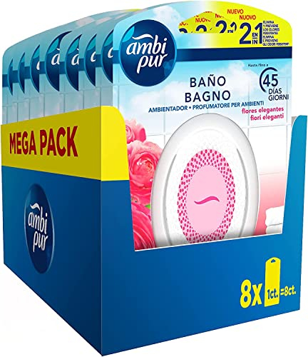 Ambipur Ambientador Casa para Baño (8 x 45 días), Elimina y Previene los Malos Olores, Fragancia Flores Elegantes, Mega Pack