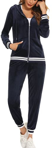 Enjyam Damen Velours Hausanzug Kuschelig Traningsanzug mit Gestreifte Bündchen 2 Teiler Sportlich Anzug für Zuhause Freizeit Navyblau,M