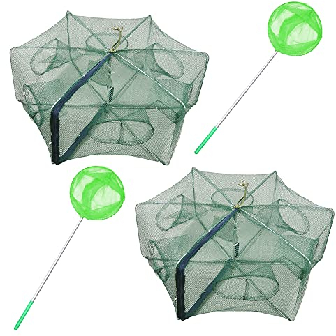 Automatische Faltbare Fischfalle, ZffXH 2 Pack Mesh Nylon Angeln Trap Net, 6 Holes Angeln Reuse, Cast-Mesh-Falle, Tragbare Köderkäfigfallen, Magisches Fischernetz