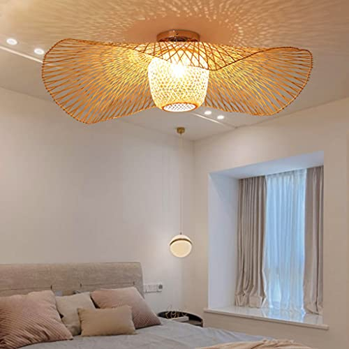 AHQX Retro Deckenleuchte Natürliche Bambus Rattan Deckenlampe Vintage E27 Handgewebte Deckenbeleuchtung Für Esszimmer Pendellampe Wohnzimmer Bar Café Kronleuchter Küche Deckenlicht Esstisch,75cm …
