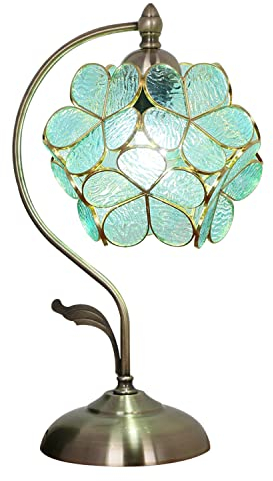Hobaca 8 Zoll Kirschblüte Tiffany-Stil Glasmalerei Tischlampe Blumen Lampenschirm Jahrgang Vintage Messingsockel