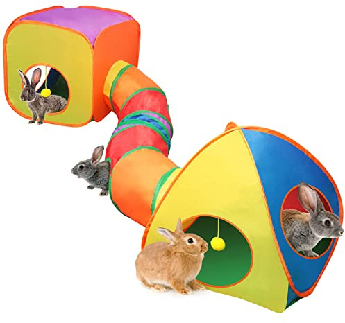 YUEPET Rabbit Tunnel & Cube Tent, Bunny Hideout, Guinea Pig Tunnel, Rainbow