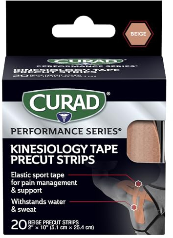 CURAD Performance Series IRONMAN Kinesiology Tape, Pain Management Technology, Sweat & Water-Resistant Athletic Tape, Compression Support for Joints & Muscles, Beige, 2 x 10 inches, 1 Roll (20 Strips)