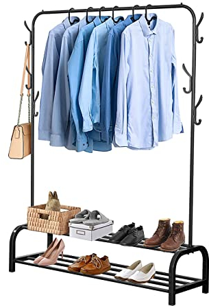Youyijia Kleiderständer Stabil Metall Kleiderstange Freistehender Kleiderbügel Mit Ablage Schlafzimmer Single Pole Kleideraufbewahrung Mit 2-Stufiger Storage Shelf Und 6 Haken Bügel (Schwarz)