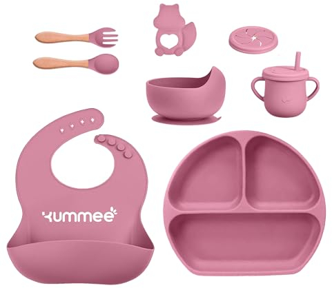 Baby Weaning Set by Yummee® | Divided Plate + Suction Bowl + Adjustable Bib + Wooden Spoon & Fork | Microwave & Dishwasher Safe | BPA Free |8PC Pink Set | for Babies & Toddlers | UK Brand