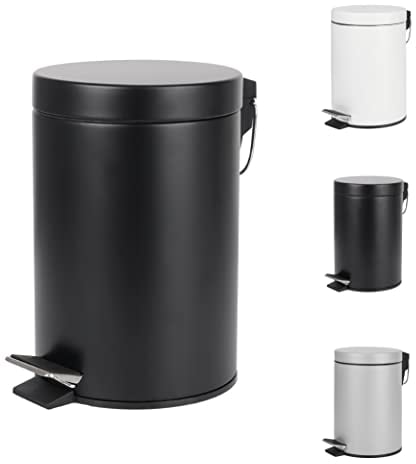 Home Treats Bathroom Bin 3L- Small Pedal bin for Bathroom Bin With Lid, Soft Close Hinge, Toilet, Restroom Stainless Steel Rubbish Waste Bin with Removable Inner Bucket Silver White Black (Black)