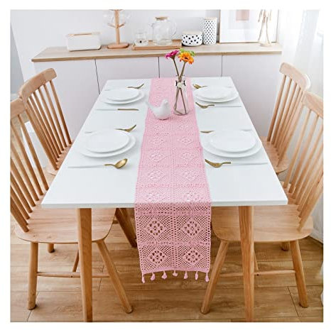 Skcess Chemin de Table Noel Rose, Chemin Table Creuser des Fleurs en Dentelle Coton Lin Chemin de Table 24x140cm Deco Mariage